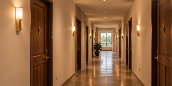 A quiet apartment corridor with wood doors and warm wall sconces
