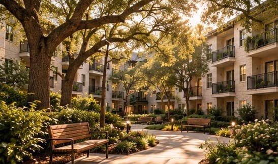 Sunlit courtyard of a stone apartment building, with oak trees, benches and lamp-lit paths