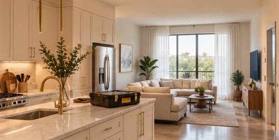 A bright apartment kitchen and living room, a closed toolbox resting on the counter