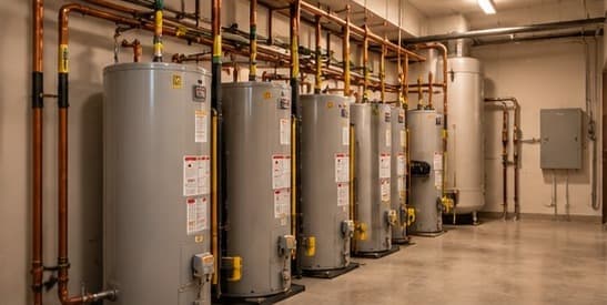 A clean mechanical room with a row of water heaters and copper pipework