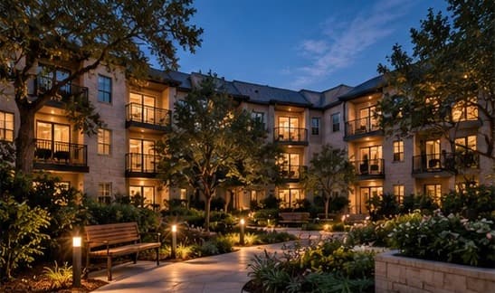 The same courtyard at dusk, windows lit warm against a deep blue sky