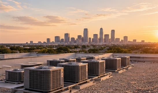 Rows of rooftop air-conditioning units at sunset, a city skyline behind them